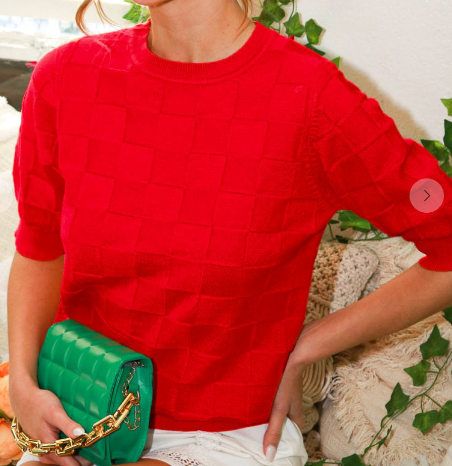 Checkered Short Sleeve Sweater RED