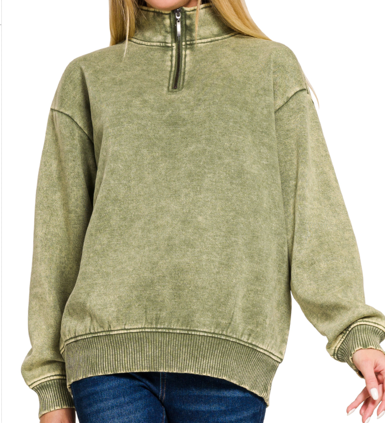 1/4 Zip Acid Wash Pullover OLIVE