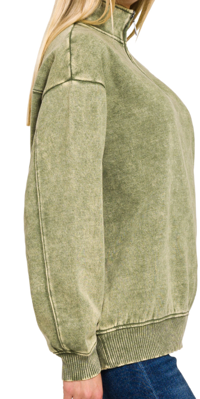 1/4 Zip Acid Wash Pullover OLIVE