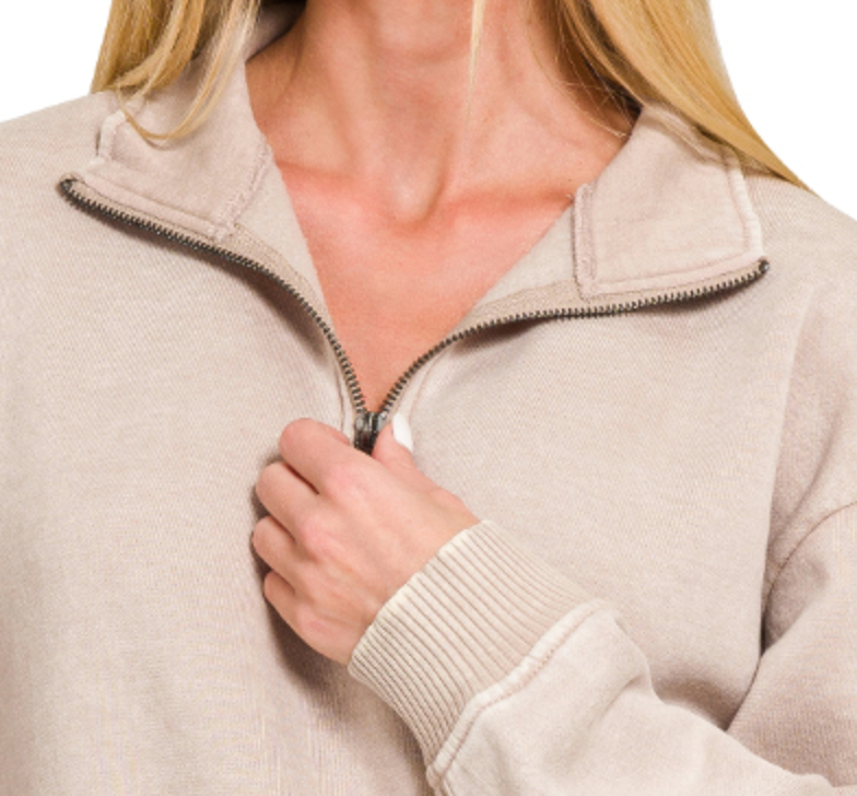 1/4 Zip Acid Wash Pullover MOCHA