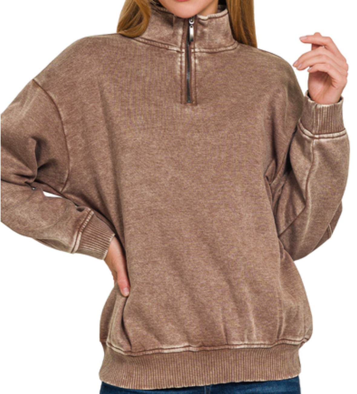 1/4 Zip Acid Wash Pullover BROWN