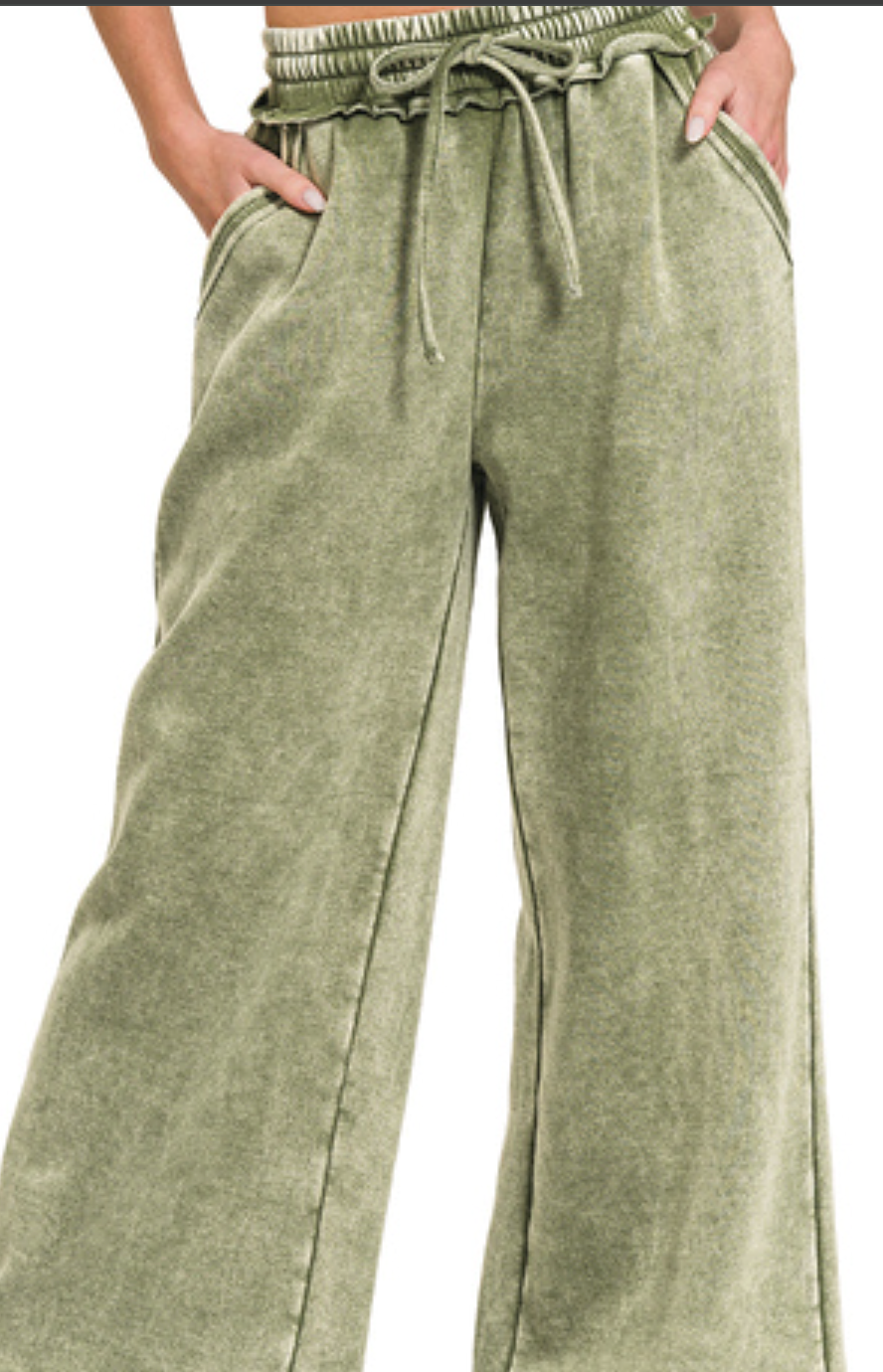 Acid Wash Palazzo Pants 30" OLIVE