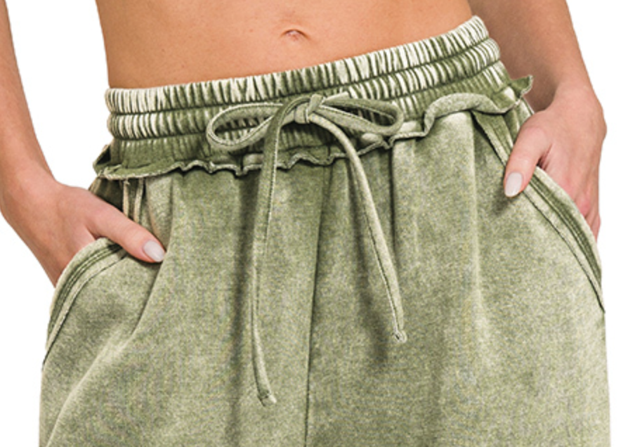 Acid Wash Palazzo Pants 30" OLIVE