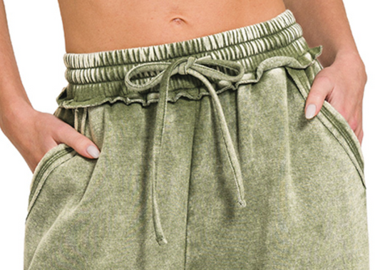Acid Wash Palazzo Pants 30" OLIVE