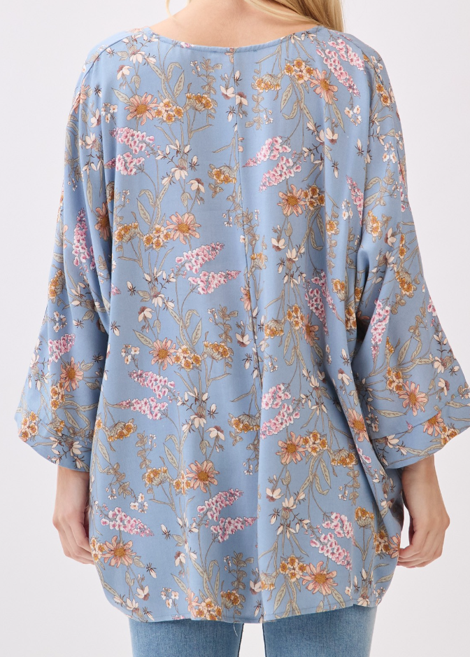 Floral V~neck Oversized Blouse BLUE