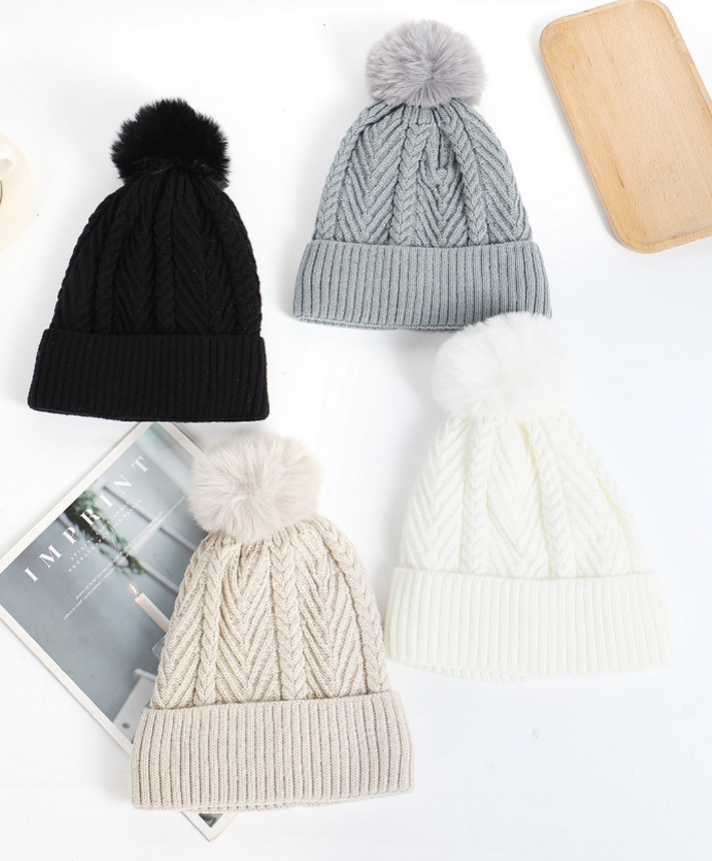 Lined Woven Knitted Pom Beanie
