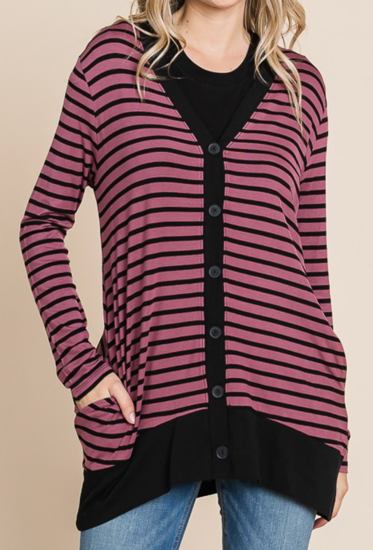 Stripe Button Down Cardi RED BEAN