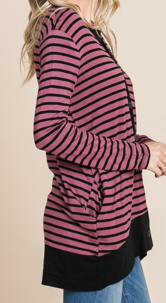 Stripe Button Down Cardi RED BEAN