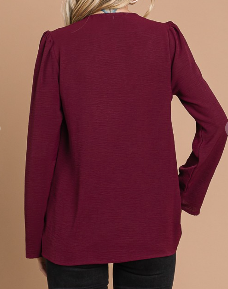 PS Ruching Yoke Bell Sleeve MERLOT