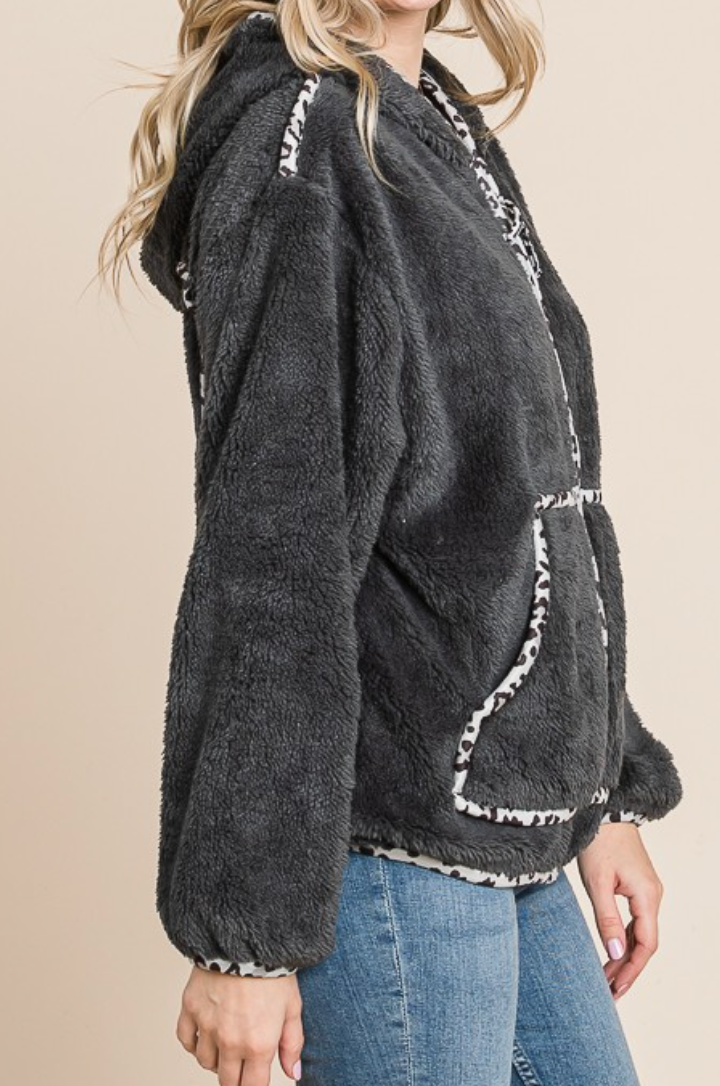 Faux Fur Solid Jacket CHARCOAL