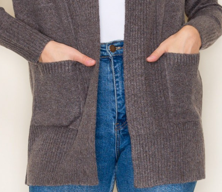 Sweater Cardi Ribbed Edging BROWN