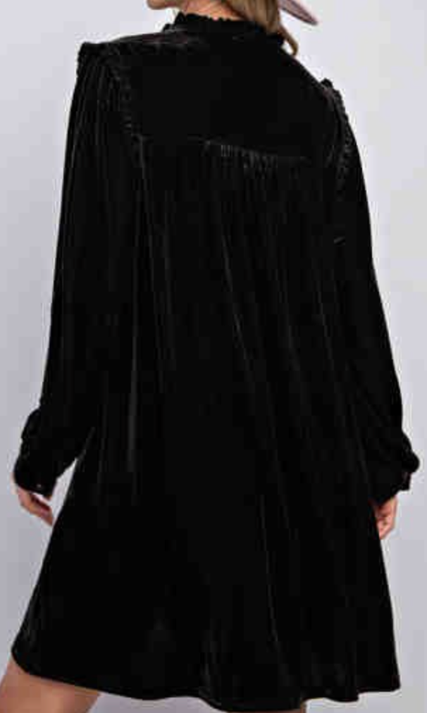 Frill Trim Velvet Dress BLACK