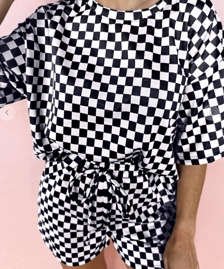 Checkered Top & Drawstring Shorts Set B&W