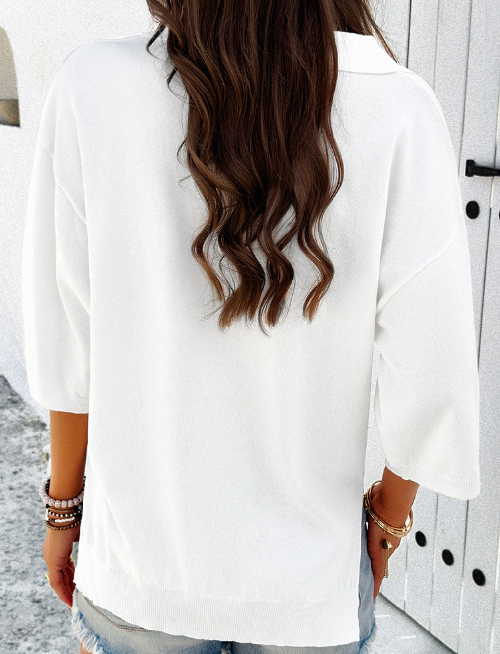V~Neck Knit Short Sleeve Sweater WHITE