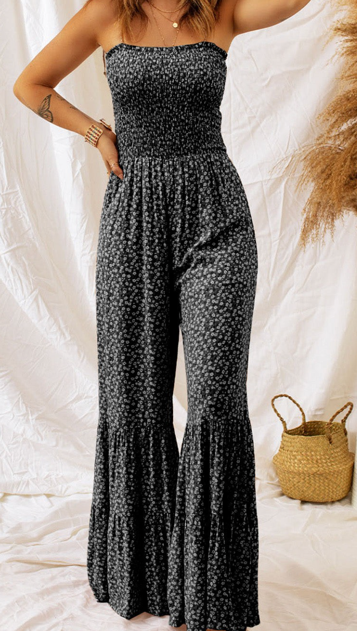 Smocked Bodice Floral Jumpsuit B&W