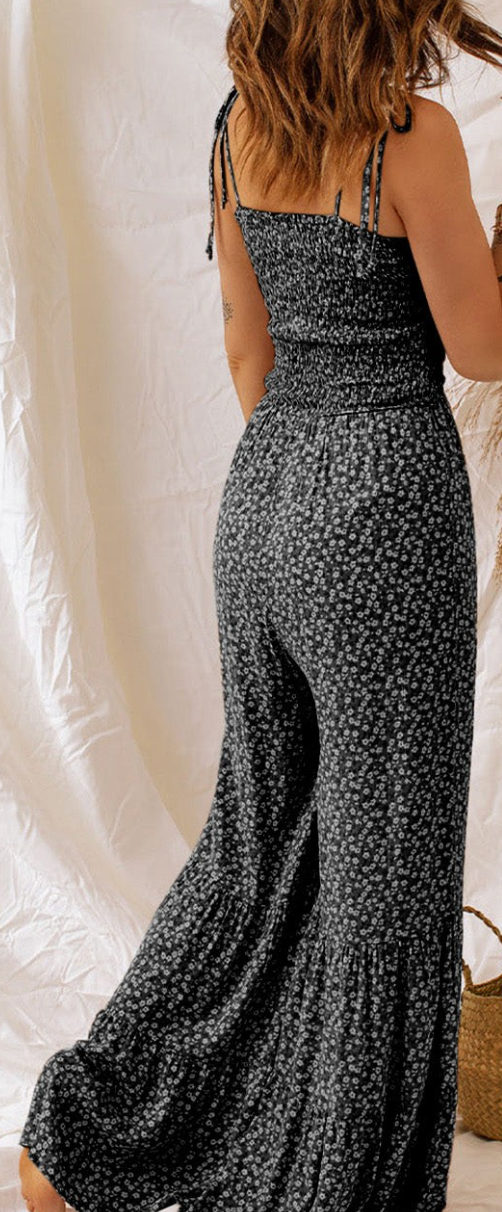 Smocked Bodice Floral Jumpsuit B&W
