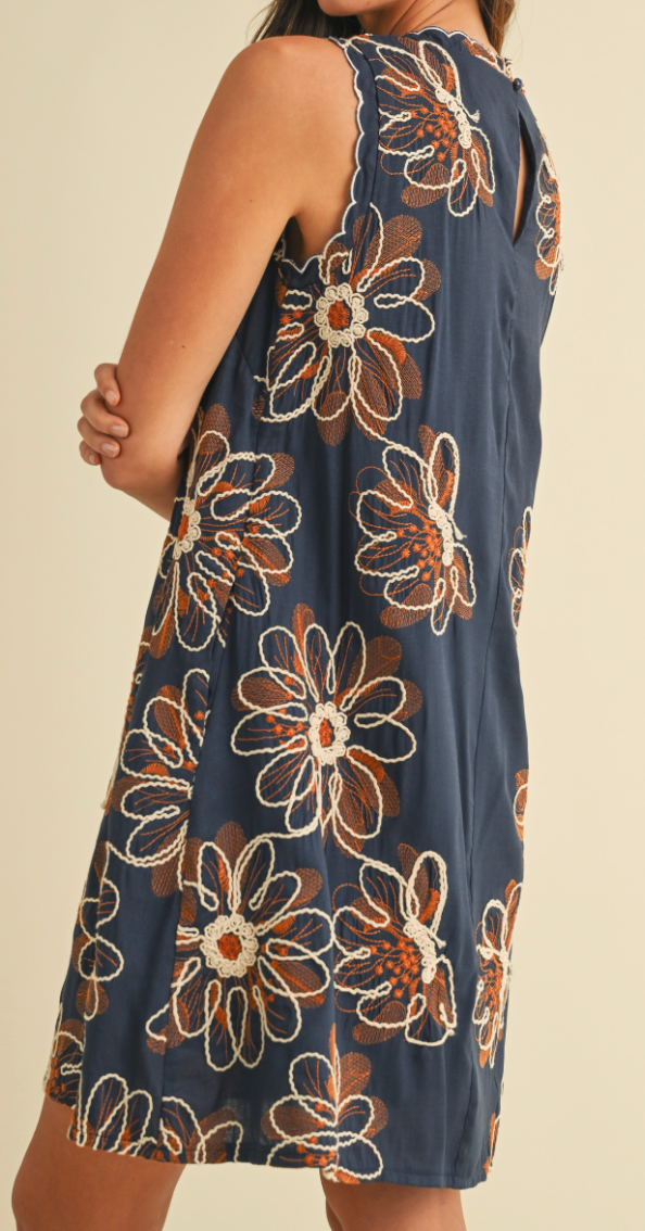 Floral Embroidery A~Line Dress NAVY