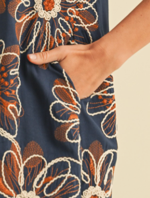Floral Embroidery A~Line Dress NAVY