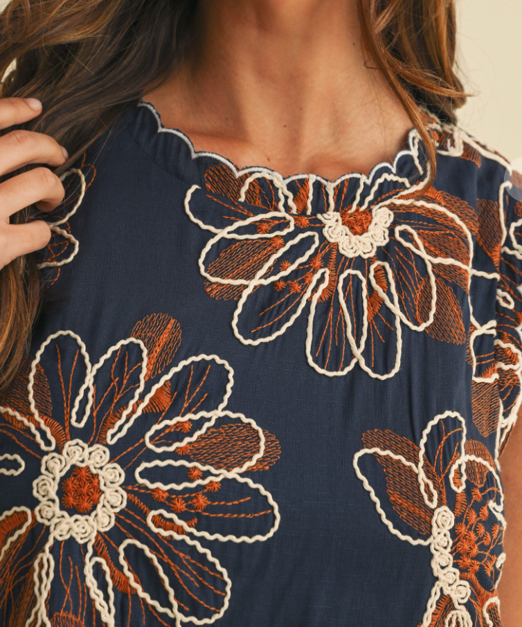 Floral Embroidery A~Line Dress NAVY