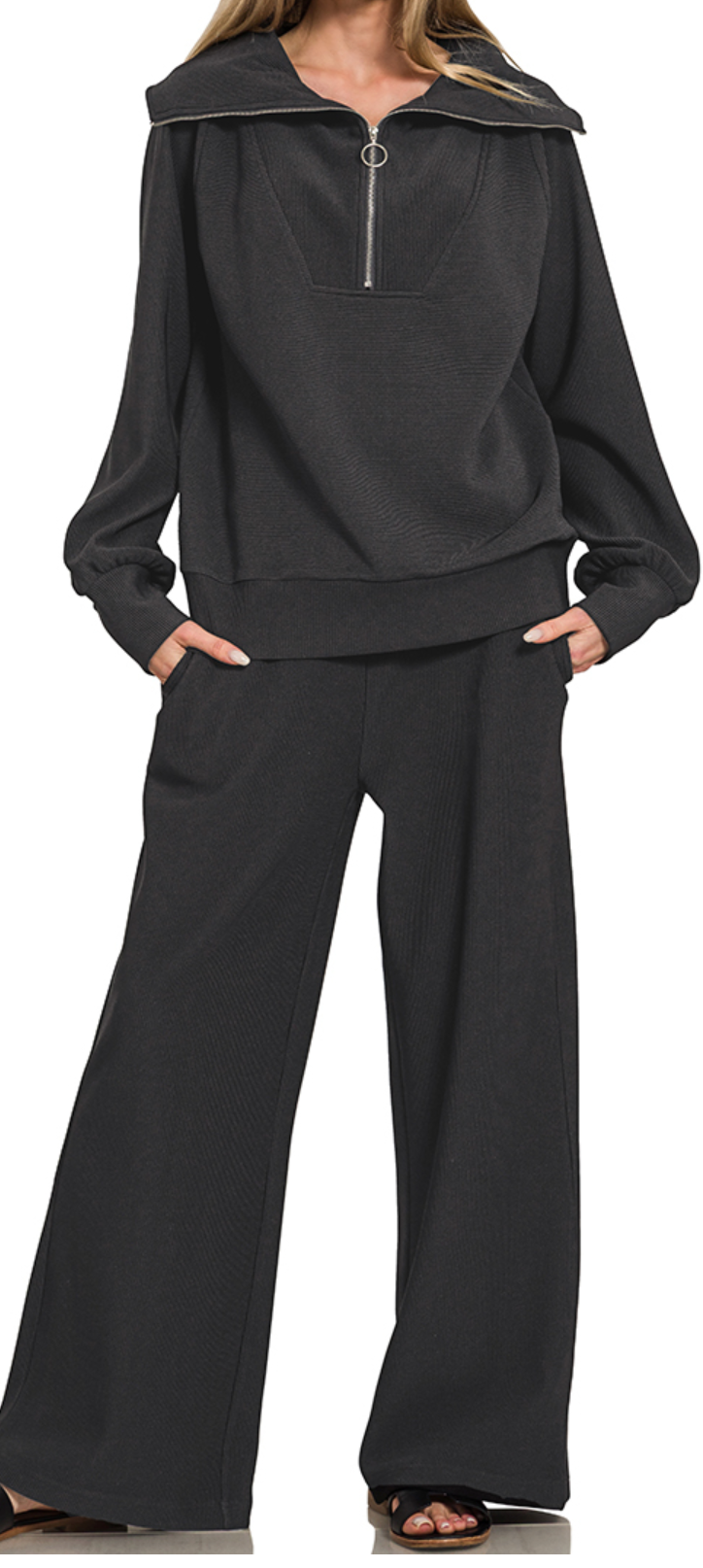 Ribbed 1/4 Zip Pullover & Pant Set 28" BLACK