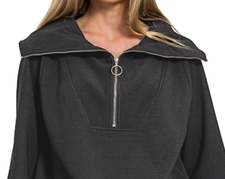 Ribbed 1/4 Zip Pullover & Pant Set 28" BLACK