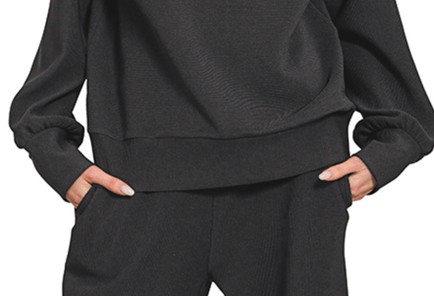 Ribbed 1/4 Zip Pullover & Pant Set 28" BLACK