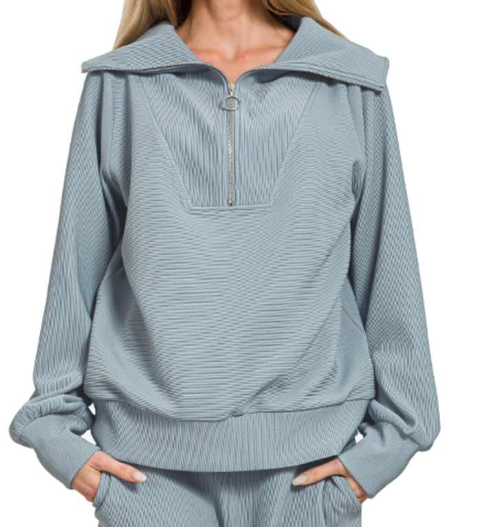 Ribbed 1/4 Zip Pullover & Pant Set 28" BLUE