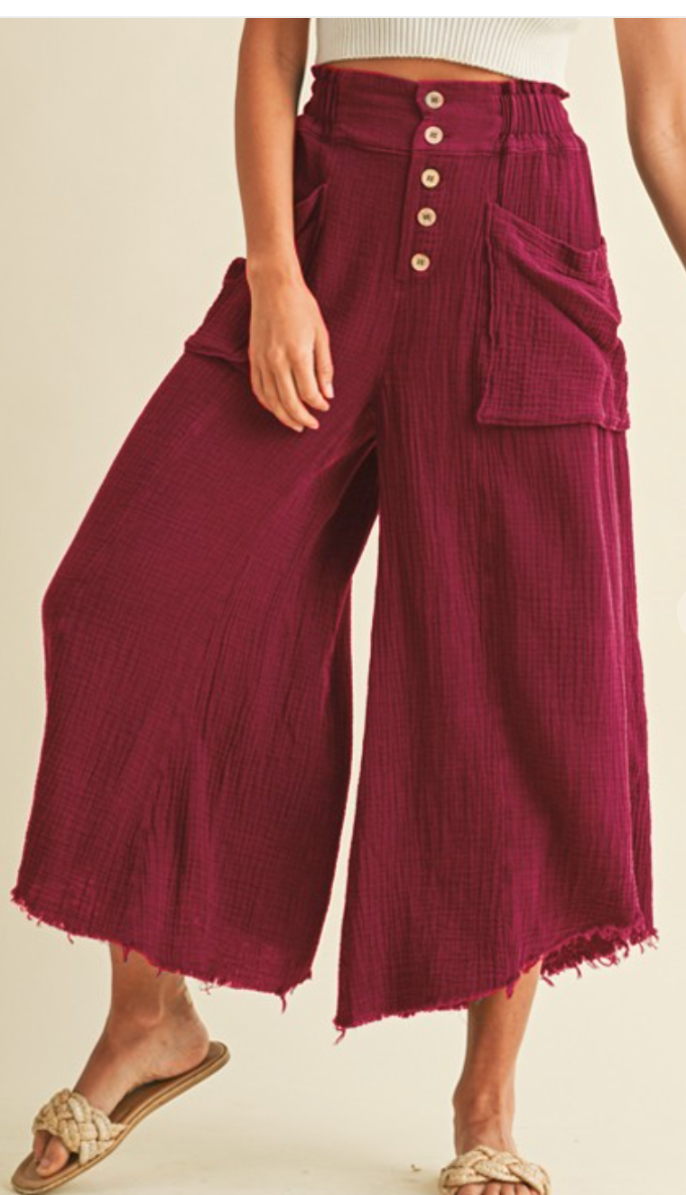 Mineral Wash Fray Boho Pant BURGUNDY