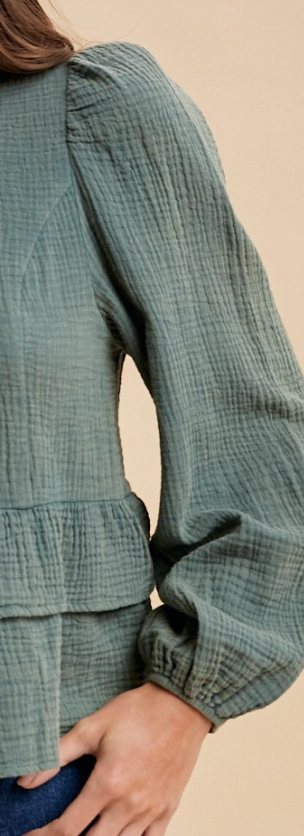 Mineral Wash Crinkle Ruffle Blouse TEAL