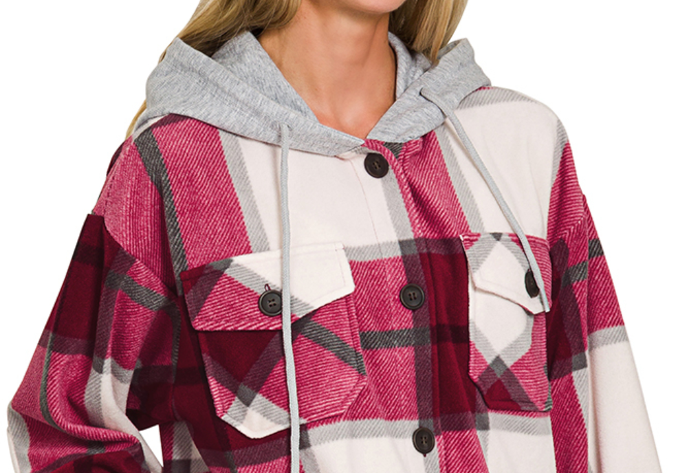 Plaid Fleece Hoodie Shacket WINE