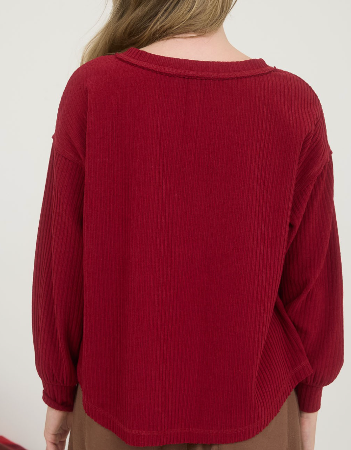 Ribbed Henley Exposed Seam RED