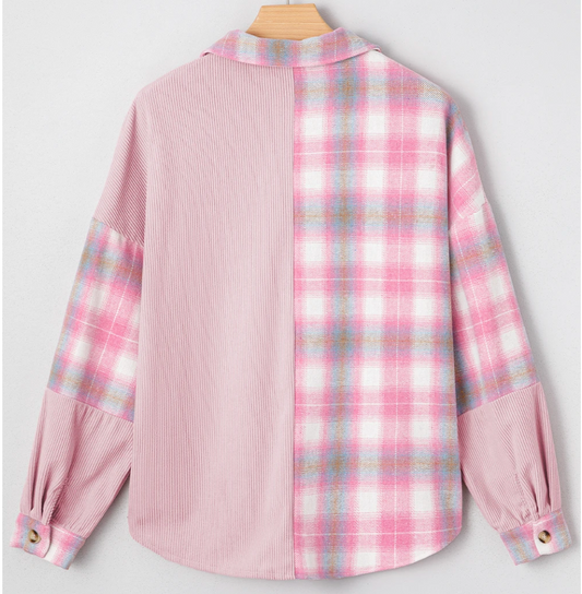 Plaid/Corduroy Patch Shacket PINK