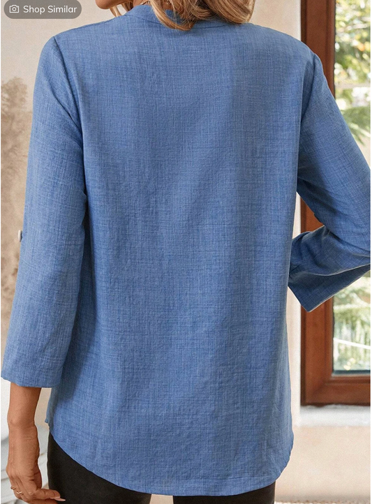 Chambray V~Neck Roll up 3/4 Sleeve
