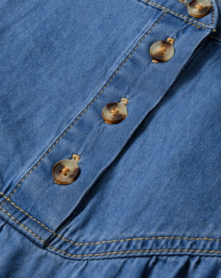 Denim Pleated Detail Half Button Blouse