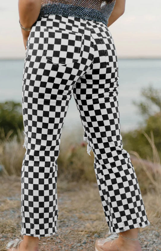 Checkered Distressed Cropped Jeans B&W