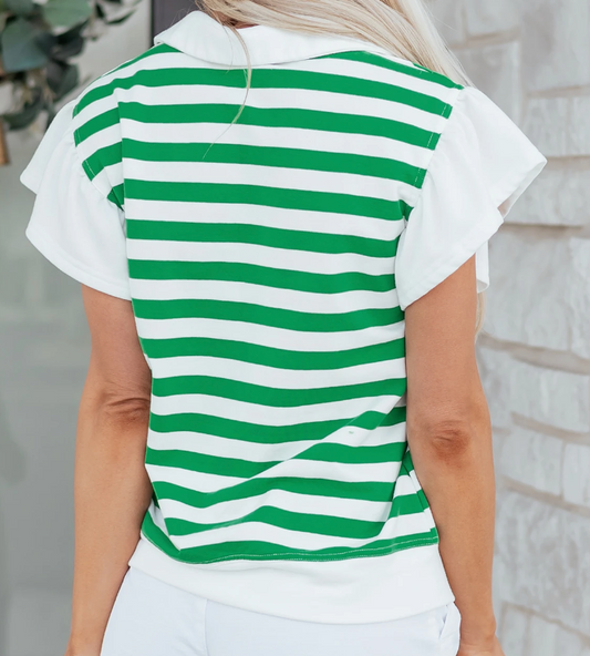 Stripe Collar V~Neck Ruffle KELLY