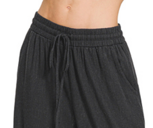 Linen Blend Drawstring Wide Leg 29" BLACK