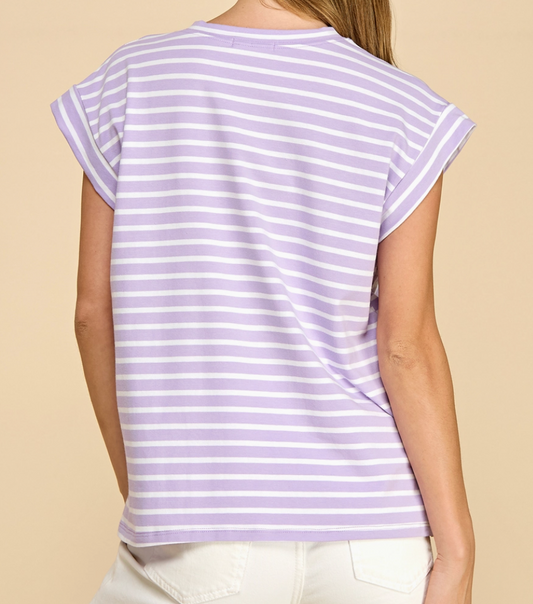 Cottage Stripe Cap Sleeve Top LILAC