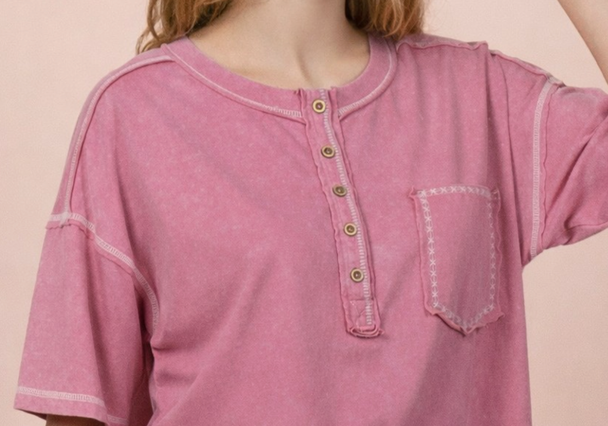 Mineral Washed Henley Top MAUVE