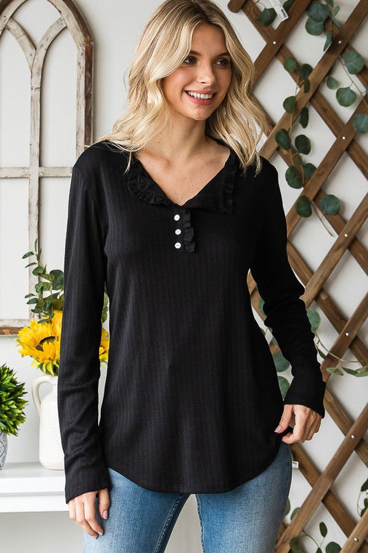 PS Ruffle Detail 6 Button Top BLACK