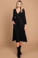 Load image into Gallery viewer, Surplice Flare Ruching Sleeve Dress BLACK
