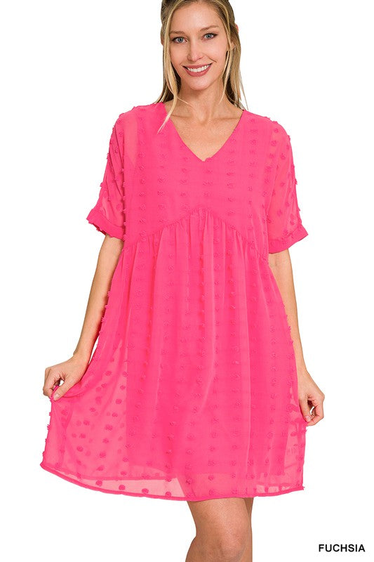 Swiss Dot Babydoll Dress FUCHSIA