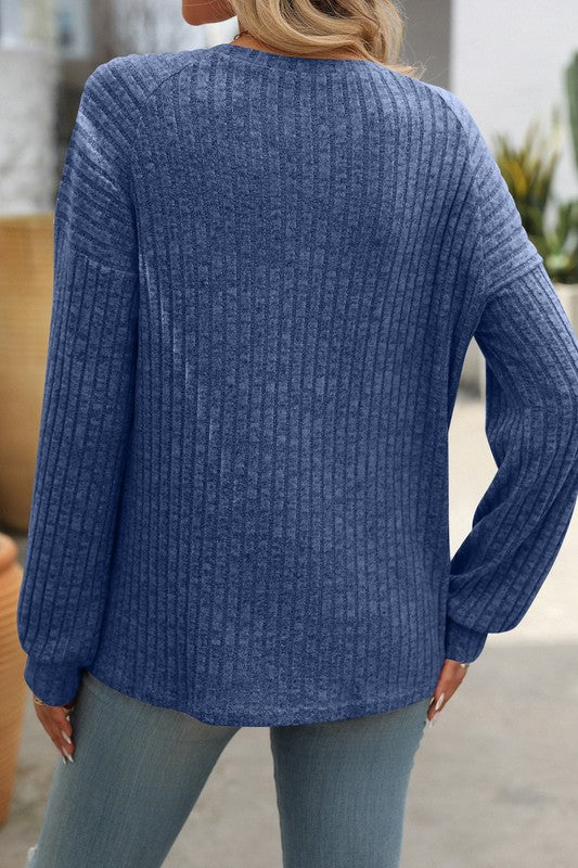 Button Detail Ribbed Henley BLUE