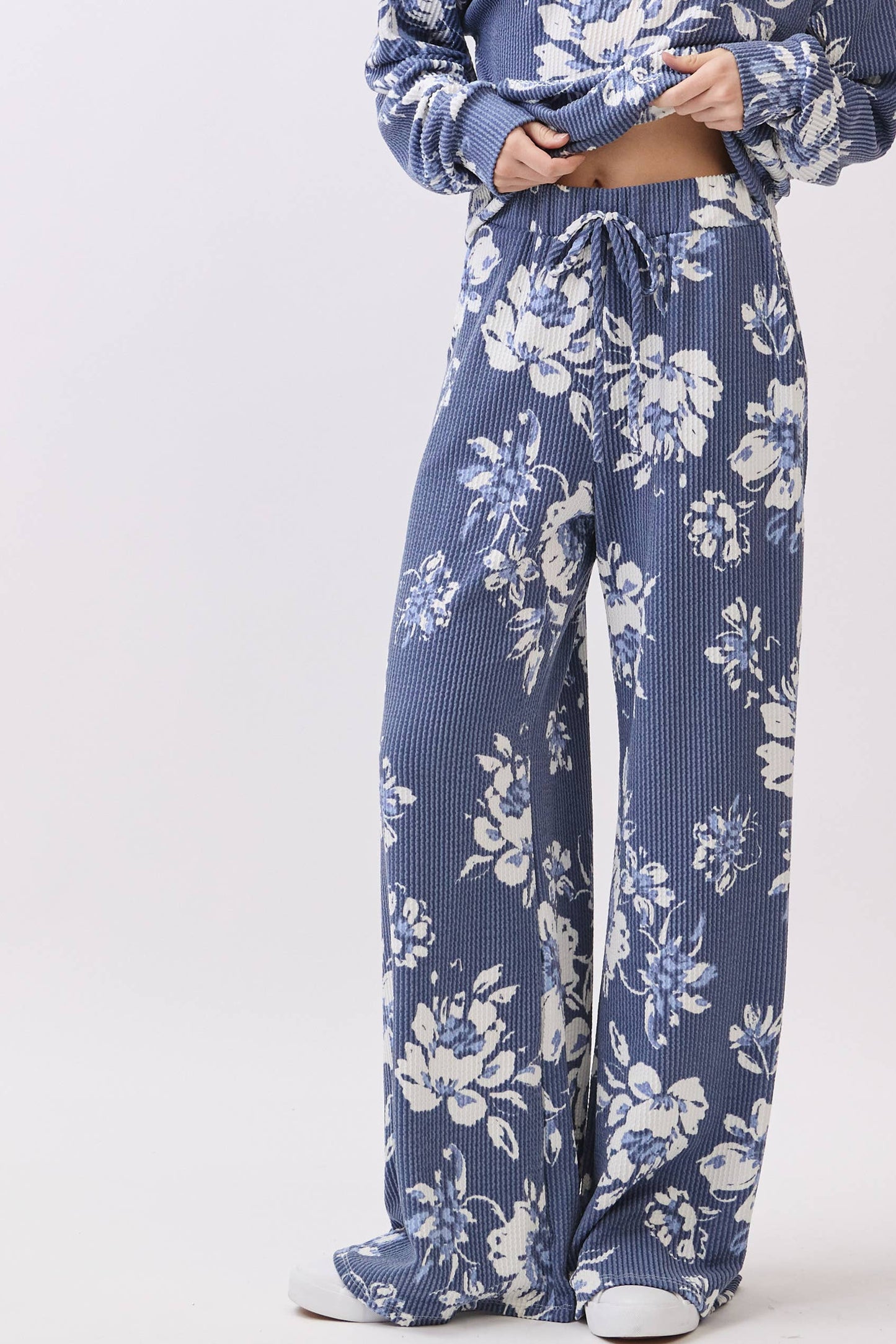 Floral Rib Knit Wide-Leg Pants BLUE