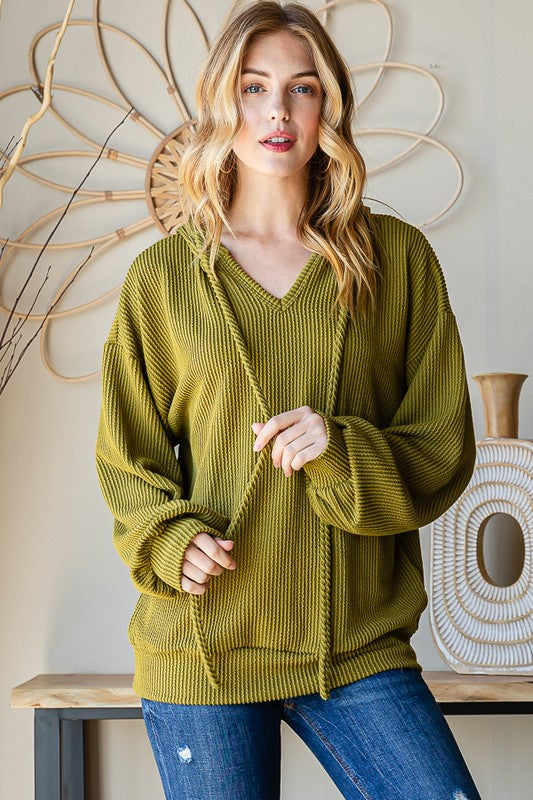 Barb V~Neck Ribbed Hoodie MOSS GREEN
