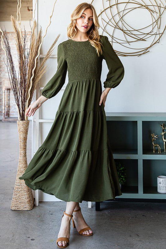 Smocked Tiered Midi Dress OLIVE