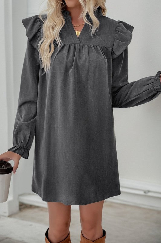 Ruched Notched Neck Dress CHARCOAL