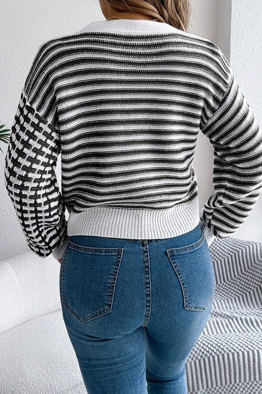 Checked/Stripe Cardi Sweater B&W