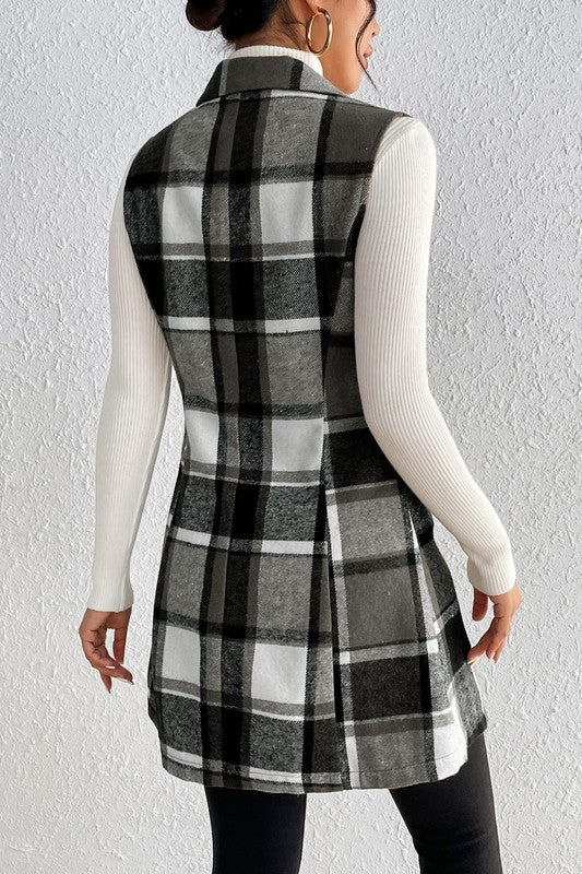 Long Line Placket Plaid Vest BLACK