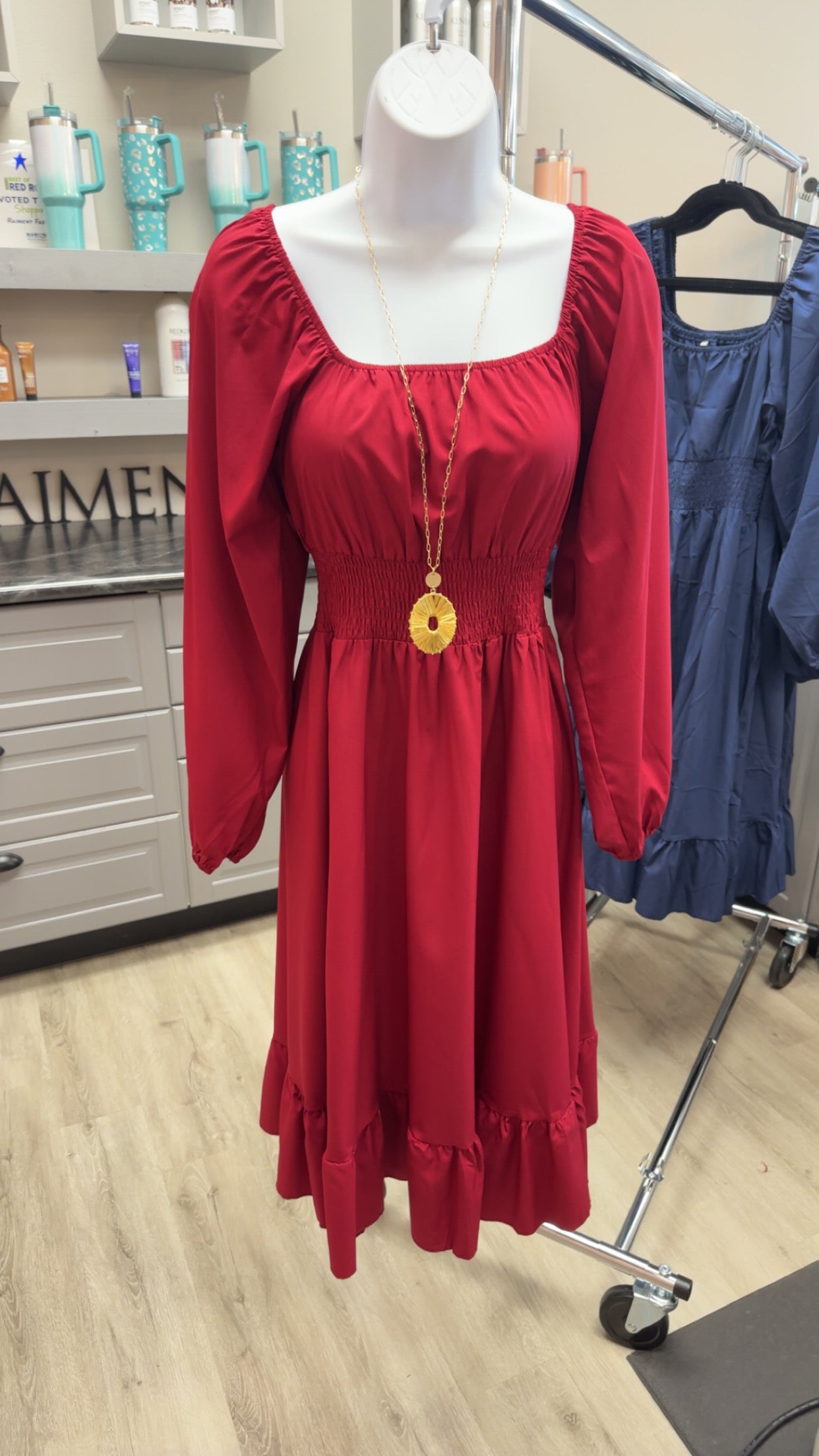 Square Neck Puff Sleeve Midi WINE
